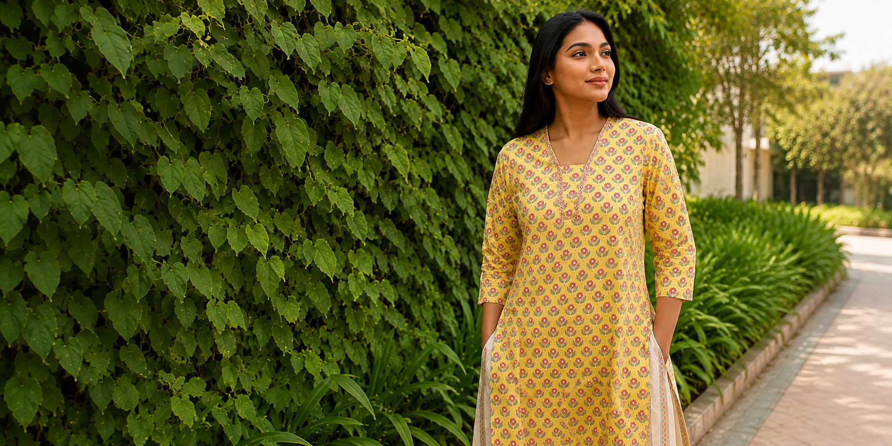Woman in a yellow patterned dress standing in front of green foliage